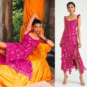 SALONI Silk Metallic Paisley Embroidery Scoop Neck Ruffle Wedding Guest Dress 10
